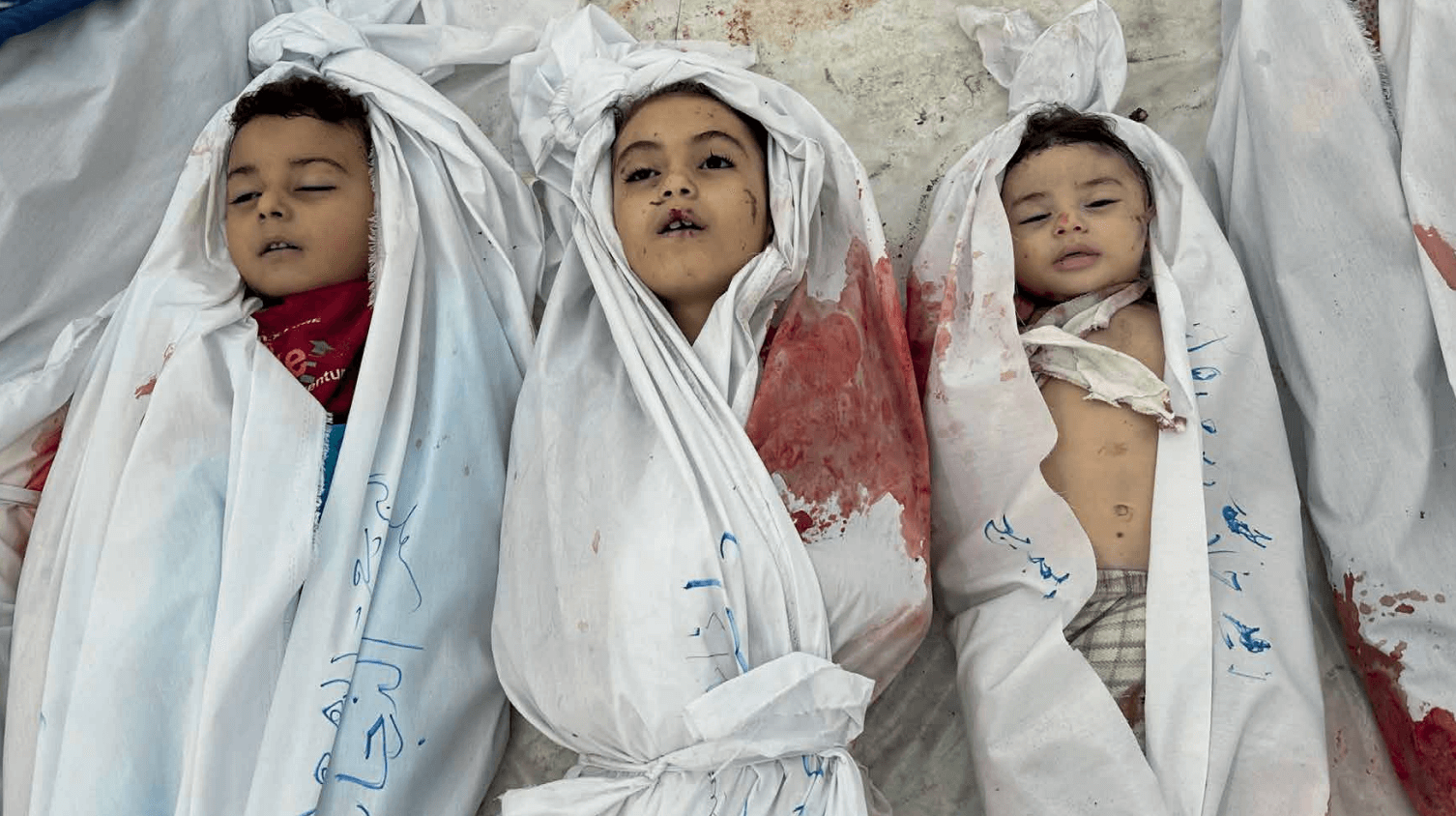 The lifeless bodies of the children killed in the Israeli military's airstrikes on the Al-Bureij Refugee Camp in the city of Deir al-Balah, Gaza, on October 24, 2023, were brought to the Al-Aqsa Martyrs Hospital.