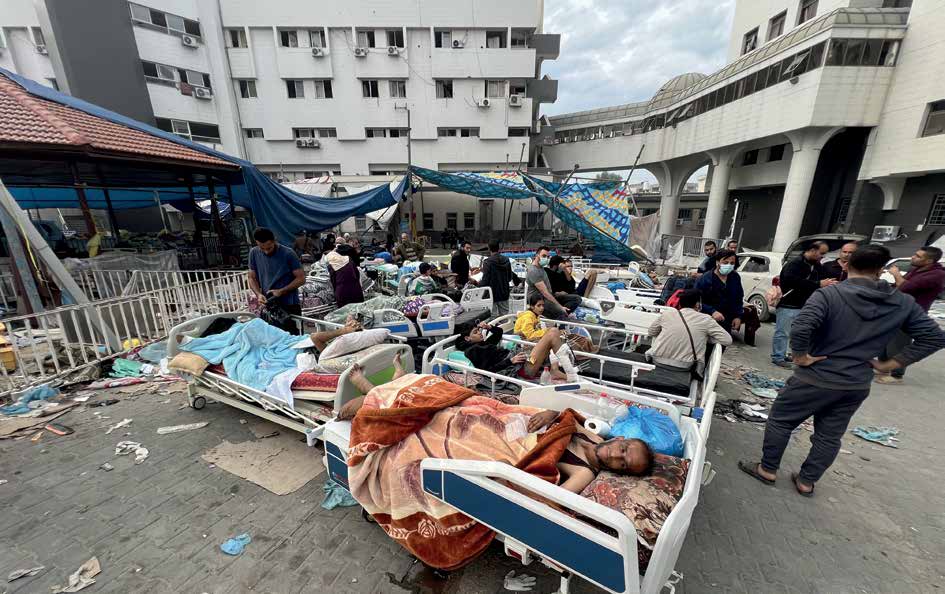 A snapshot taken during a humanitarian ceasefire of the Al-Shifa Hospital in Gaza City, previously targeted by the Israeli army. It now shelters thousands of injured and displaced Palestinians.