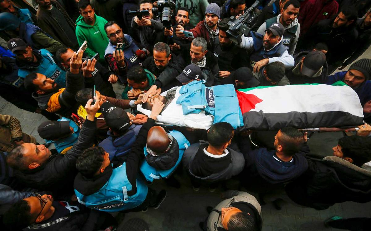 AA cameraman Saed Abu Nabhan was fatally killed by an Israeli sniper on January 10, 2025, (Working Journalists Day) while reporting from Nuseirat Refugee Camp. His funeral, attended by family and fellow journalists, is held at al-Awda Hospital in Deir al-Balah.