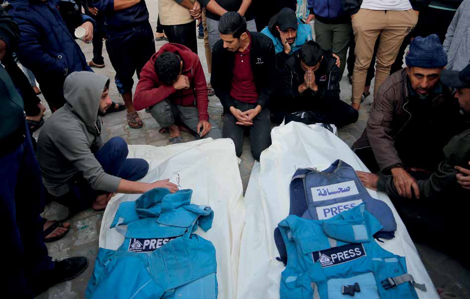 A funeral ceremony is held in the city of Deir al-Balah for Palestinian journalists Sari Mansur and Hasona Saliem, who lost their lives in the attacks by the Israeli military on the Gaza Strip.